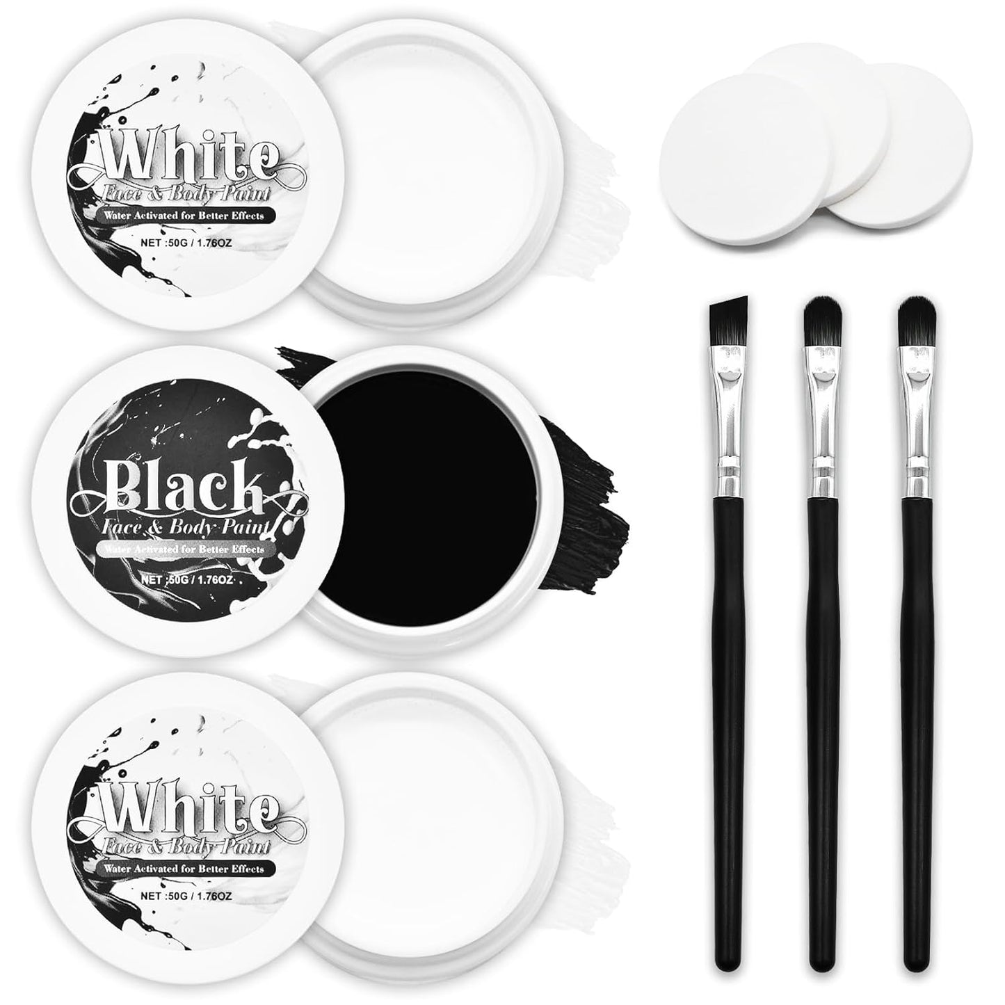 3-Piece Black White Face Paint Set (2 White, 1 Black) - 1.76 oz Each, Includes Sponge and Brushes, Professional SFX Makeup Kit for Halloween, Skeleton, Ghost, Skull Cosplay, Full Coverage Body Paints
