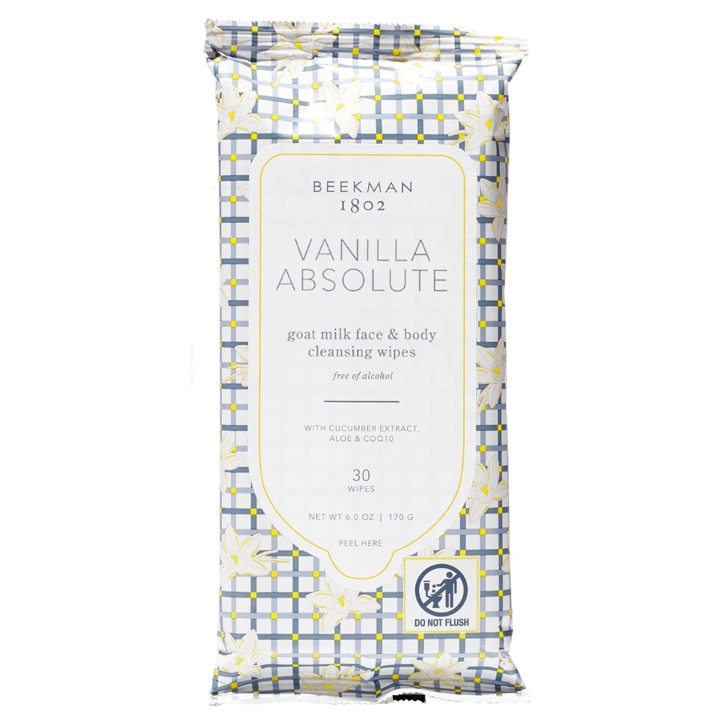 Beekman 1802 Face & Body Wipes, Vanilla Absolute - Scented - 30 Count - Cleanses Dirt & Makeup - With Goat Milk, Aloe & Vitamin E - Alcohol Free, Biodegradable - Good for Sensitive Skin - Cruelty Free