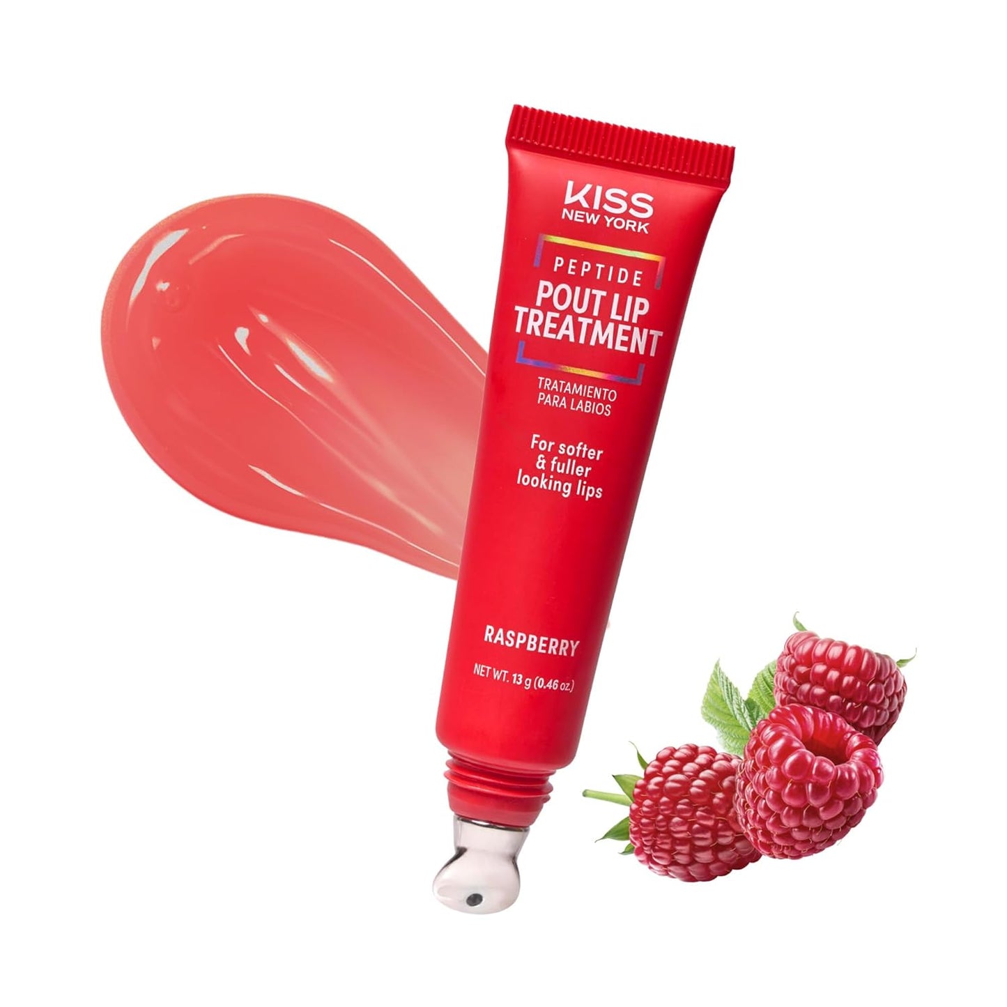 KISS NEW YORK Peptide Lip Treatment, Hydrating & Non-Sticky Tinted Plumping Balm, Shea Butter, Castor Oil & Squalane Reduces Look of Fine Lines, Softer & Fuller Lips with Cooling Metal Tip (Raspberry)