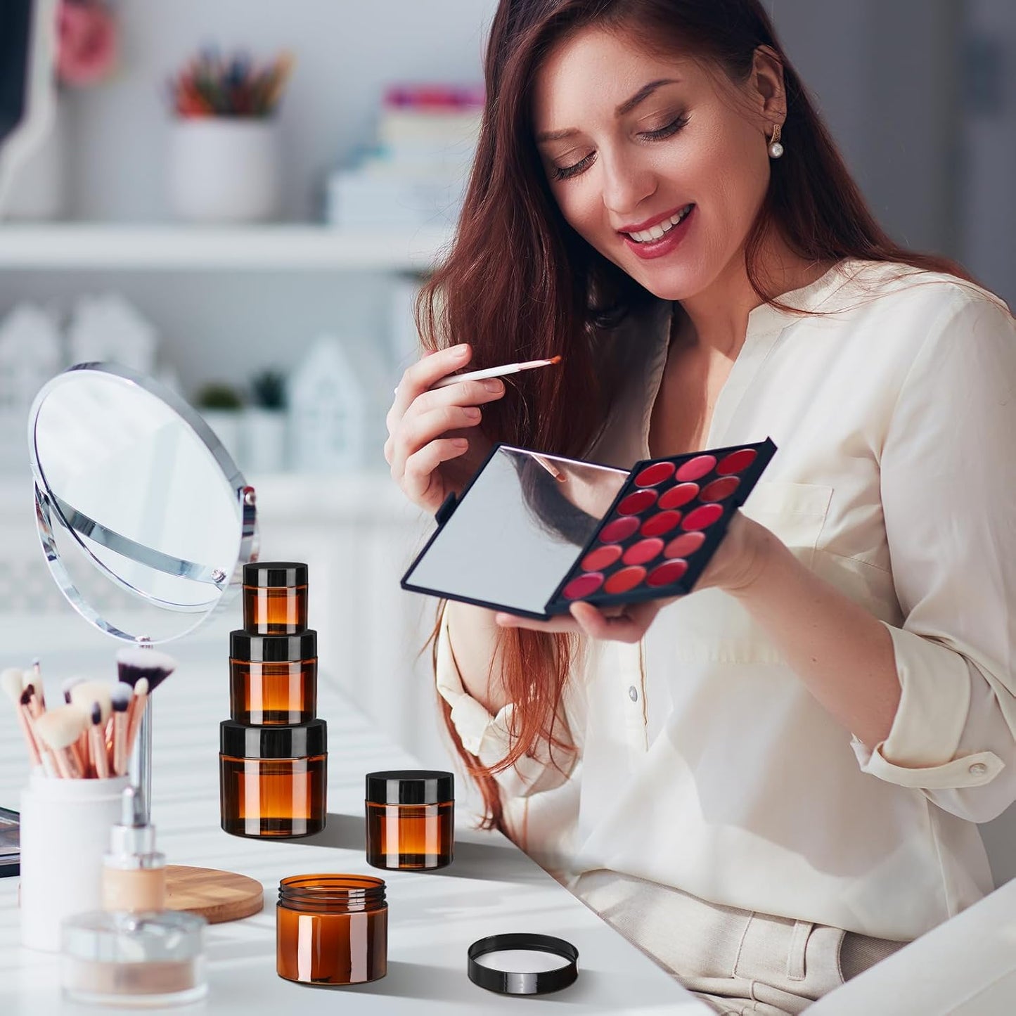 Tanlade 100 Pcs 8/4/2 oz Amber Plastic Cosmetic Jars with Lids Empty Leak Proof Container Refillable Cosmetic Jars Airtight for Cream, Lotion, Powder, Ointment, Beauty Products Travel Storage (Round)