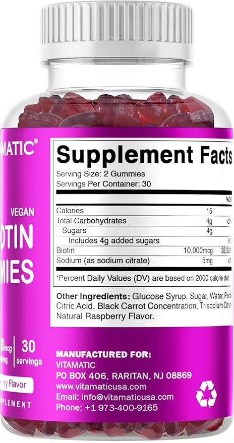 Vitamatic Biotin Gummies 10,000 mcg for Stronger Hair, Skin & Nails - 60 Vegan Gummies - Also Called Vitamin B7 (3 Bottles)