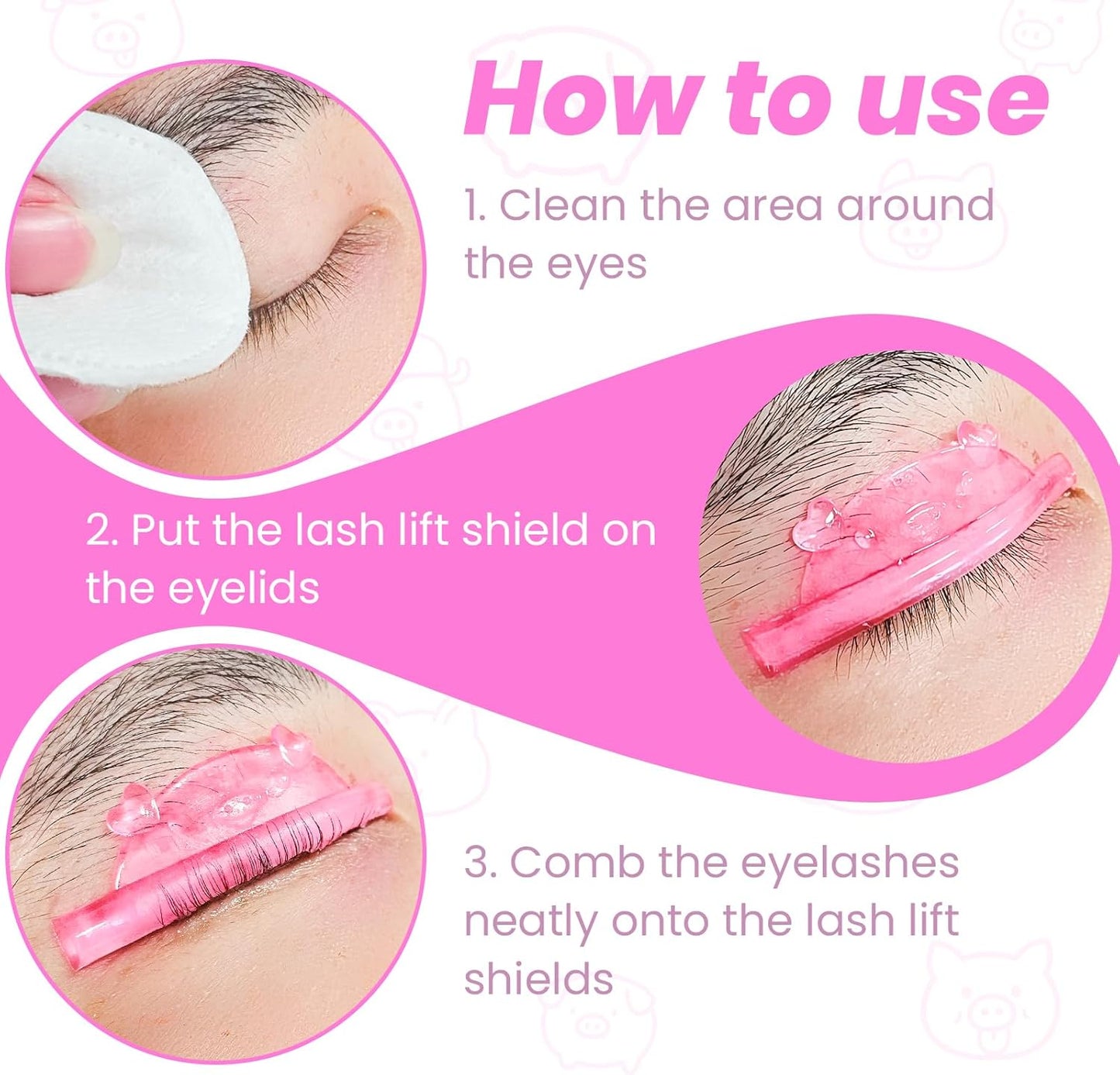 Libeauty Cute Lash Lift Rods, 4 Sizes Eyelash Shields, Reusable Soft Silicone Pads for Eyelash Curling & Lifting, Pink Piggy Shape