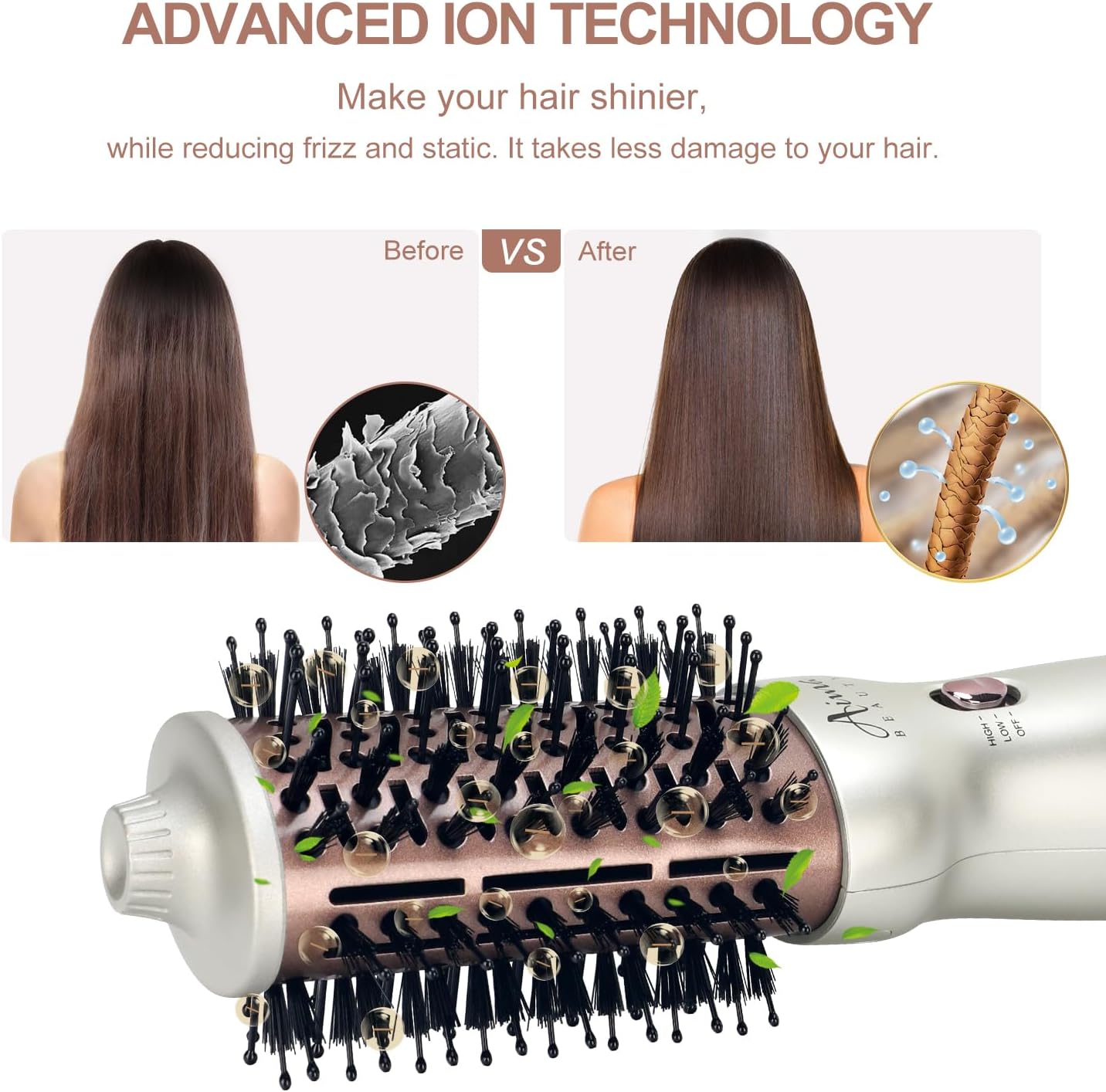 Aima Beauty 4 in 1 Worldwide Travel Hot Air Brush Dual Voltage Blowout Brush Oval Shape 110V-120V/220V-240V Straightener Blow Dryer Brush Ionic Lock Moisture Gift 360° Swivel Cord Champagne Silver