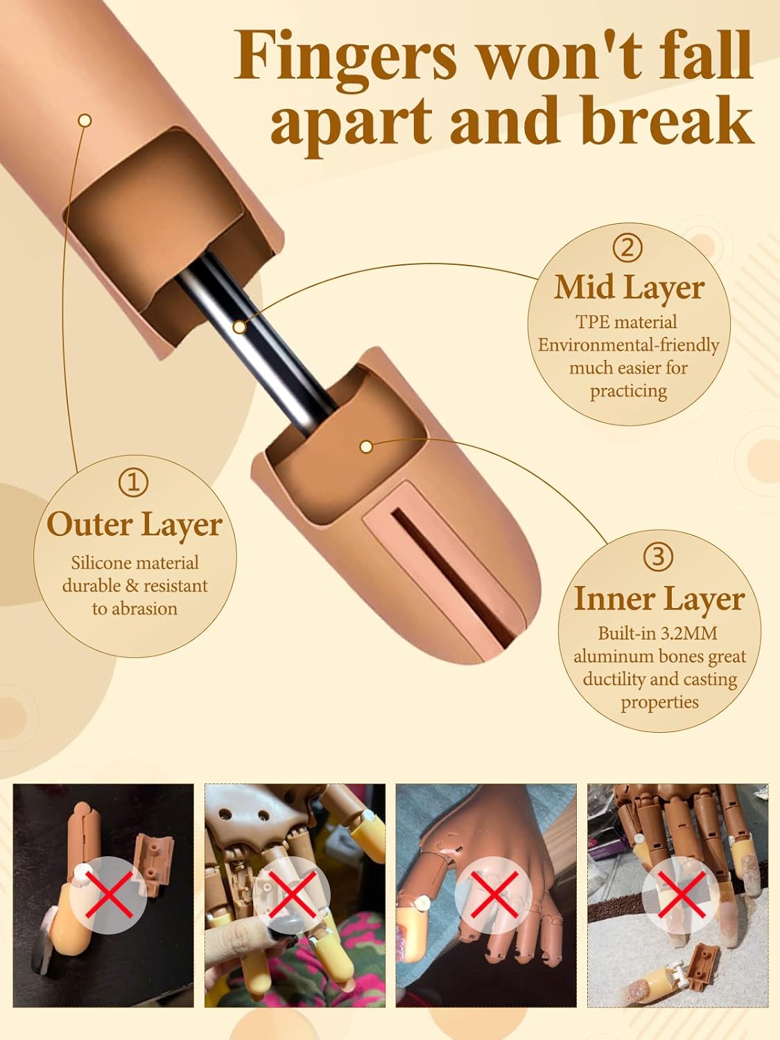 Practice Hand for Acrylic Nails, Nail Tips Never Fall Off Nail Hand Practice,Fingers Never Break Fake Nail Hand for Nail Practice,Flexible Movable Practice Nail Hand for Practicing Nail Supplies