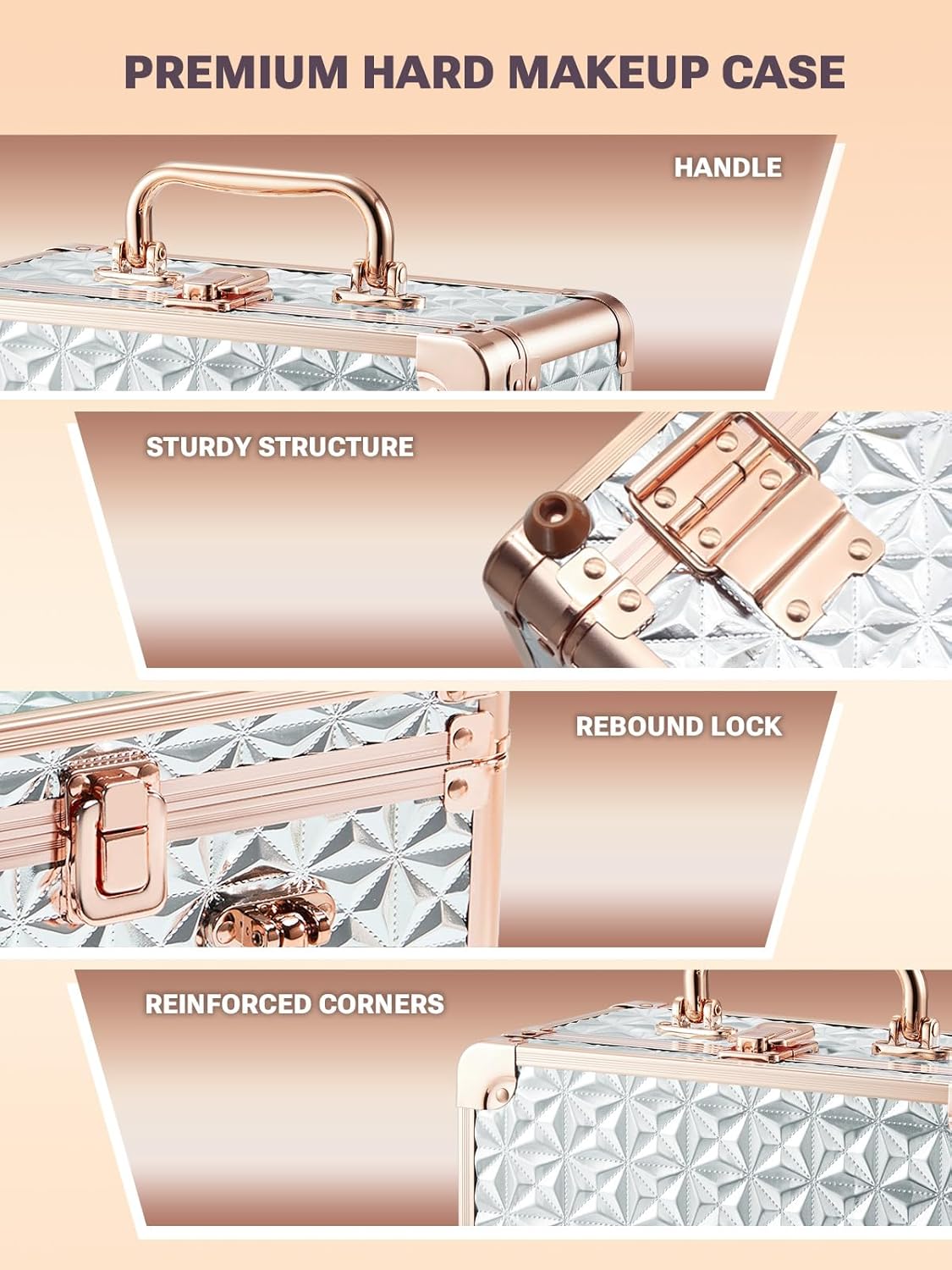 Qislee Makeup Box with A Detachable Lighted Mirror, Waterproof Travel Train Case, Cosmetic Organizer and Makeup Suitcase with Adjustable Dividers, Magnetic LED Mirror(Sparkling Silver)