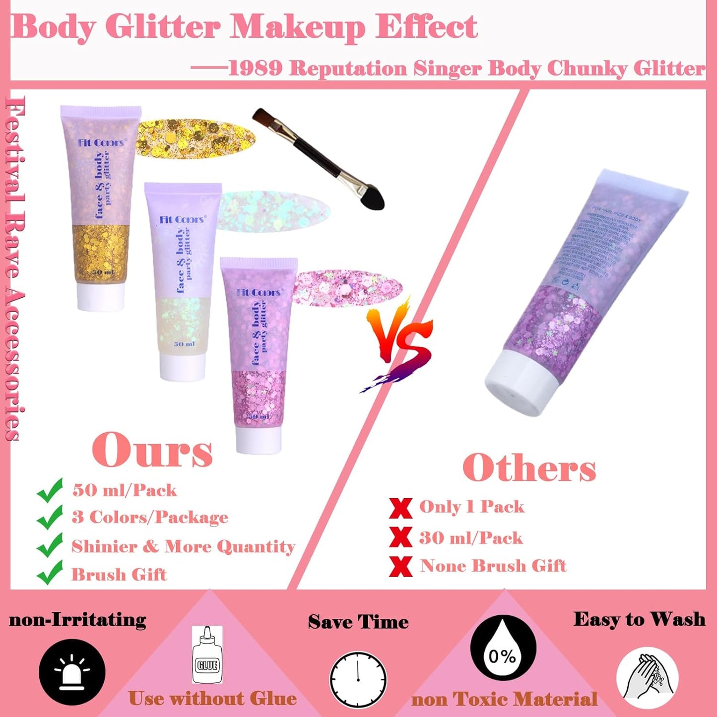 Body Glitter Face Glitter Gel: Singer Concerts Disco Festival Rave Accessories Face Glitter Makeup 150ml Chunky Sequins Mermaid Face Body Hair Glitter Gel (White&Pink&Gold)
