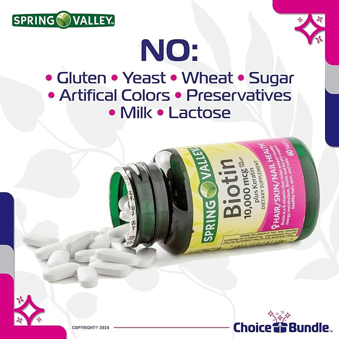 Spring Valley Biotin Softgels 1000mcg Dietary Supplement for Hair Skin Nail Health 150 Ct 4 pk (600 Total) + Vitamin Guide & Pill Container (6 Items)!