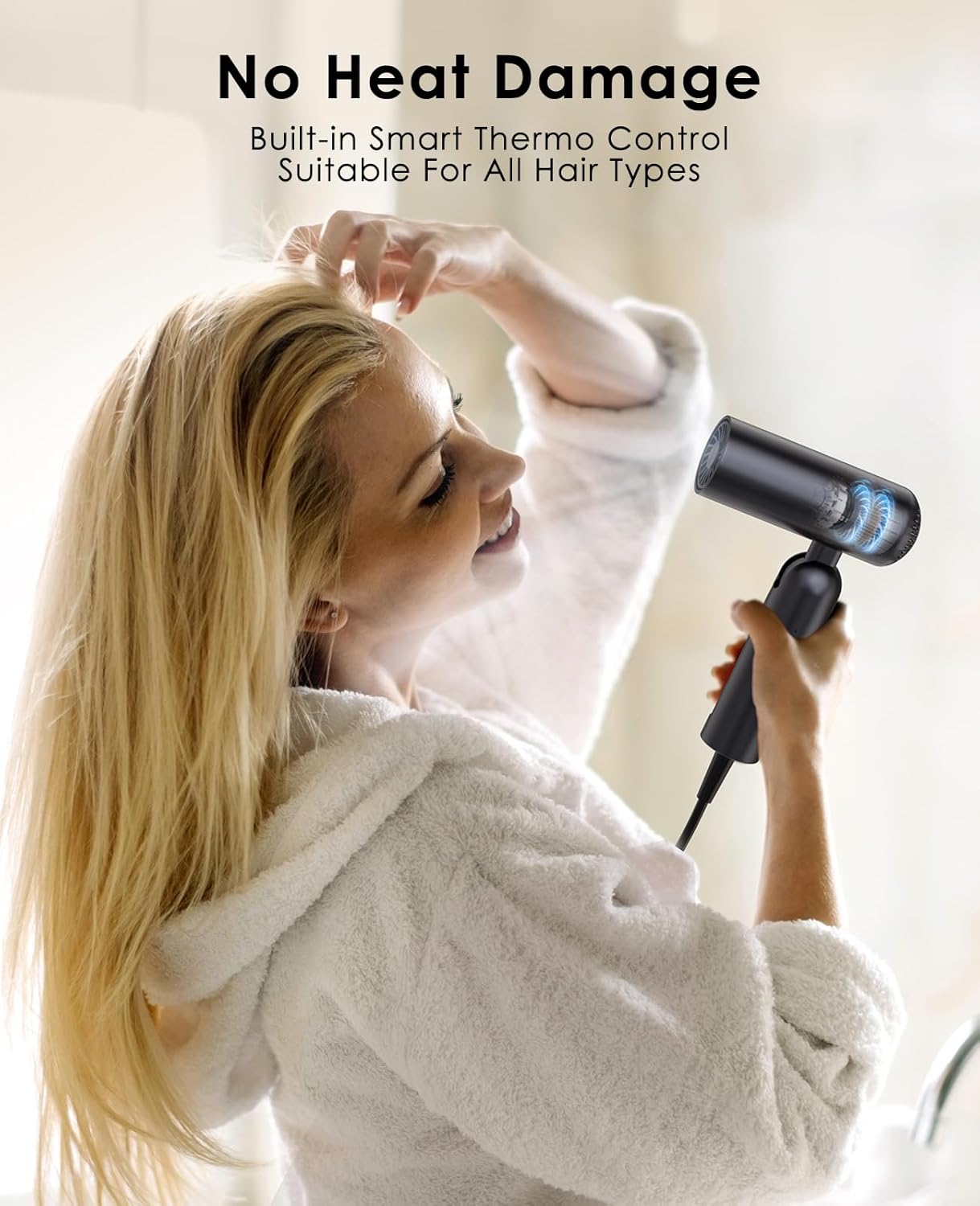 Foldable Hair Dryer for Travel - Global Voltage with Auto-Sensing, 1B Plasma Particles, 200times/s Temp Control, Portable Blow Dryer with Single-Sided Comb, Gray