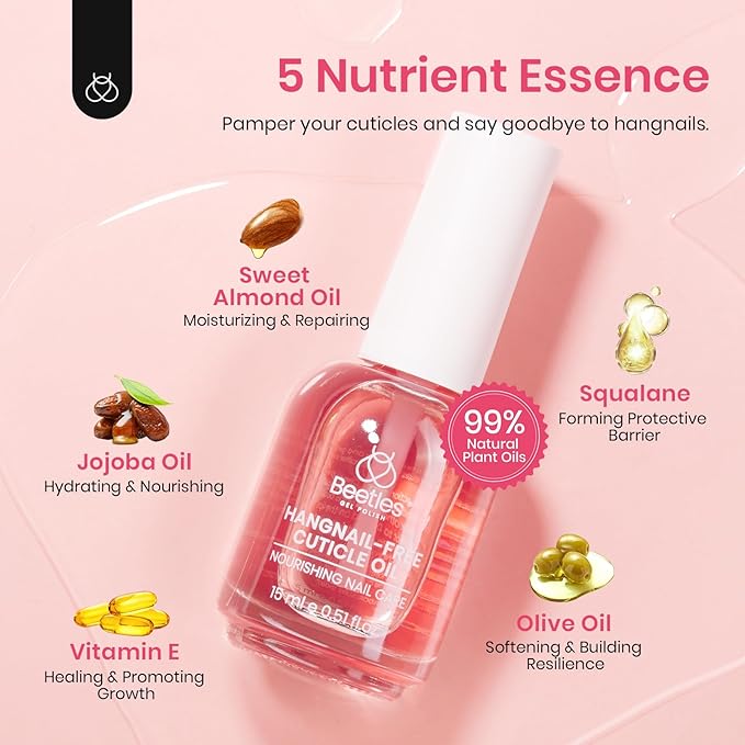 Beetles Cuticle Oil for Nail & Cuticle Care, 15ml Natural Rose Smell Oil with Vitamin E Nourish Condition Dry Stronger Nails SPA & Hand Manicure DIY Salon Needs Gifts for Her Women