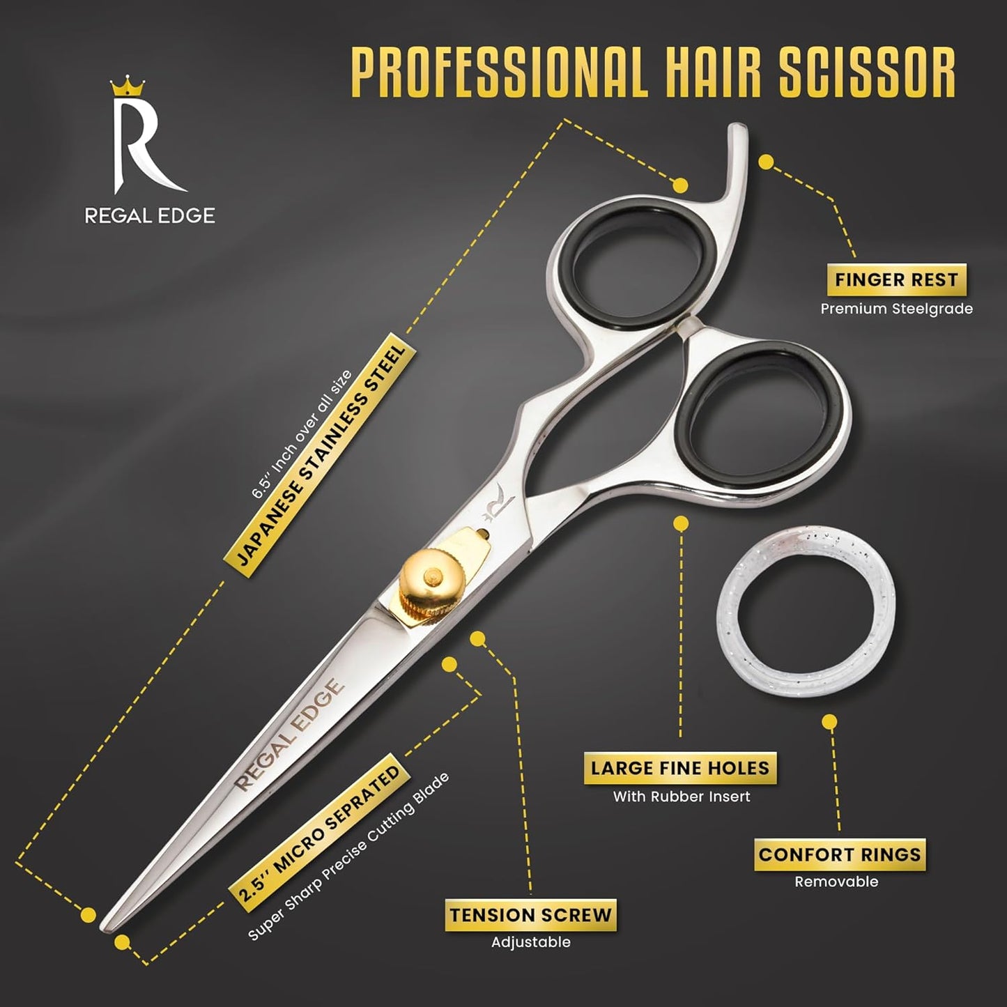 Hair Cutting Scissors - 6.5” Japanese Stainless Steel Professional Hair Scissors - Razor Edge Barber Scissors with Golden Tension Screw, Comb and Cloth - Hair Shears For Man Woman Adults Kids Babies