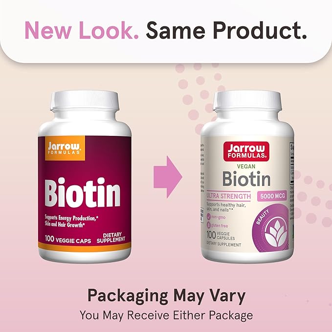 Jarrow Formulas Biotin Ultra Strength 5000 mcg, Dietary Supplement, Hair, Skin, and Nails Support, 100 Veggie Capsules, Up to 100 Day Supply