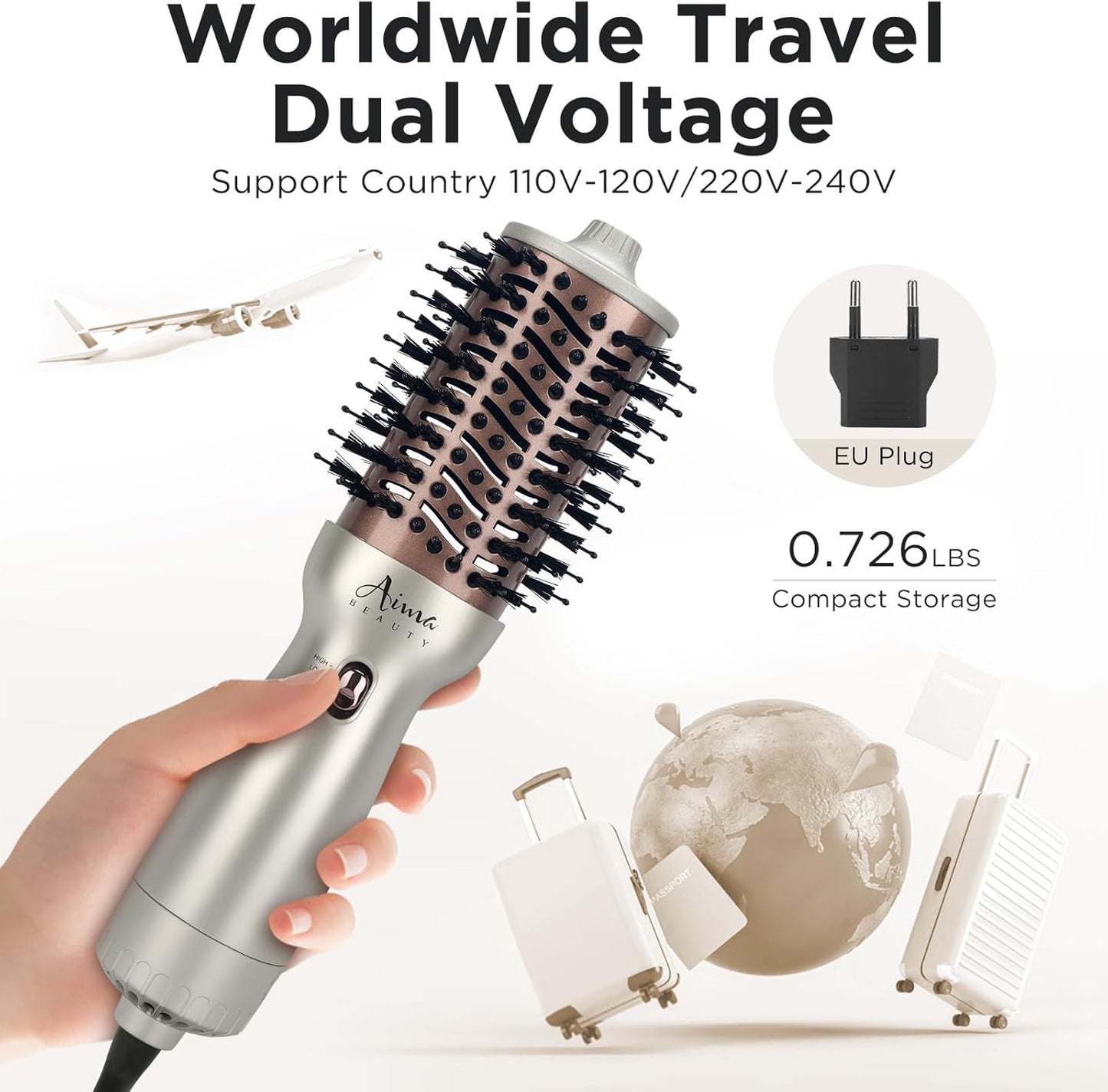 Aima Beauty 4 in 1 Worldwide Travel Hot Air Brush Dual Voltage Blowout Brush Oval Shape 110V-120V/220V-240V Straightener Blow Dryer Brush Ionic Lock Moisture Gift 360° Swivel Cord Champagne Silver