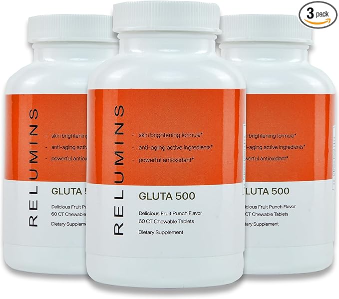 Relumins Gluta 500 - Chewable/Sublime Wall Glutathione Complex with Advanced Skin Nutrition - Hyaluronic Acid, VIT C, Biotin Plus 4 Powerful Actives - Fruit Punch Flavored - 60CT x 3 Bottles