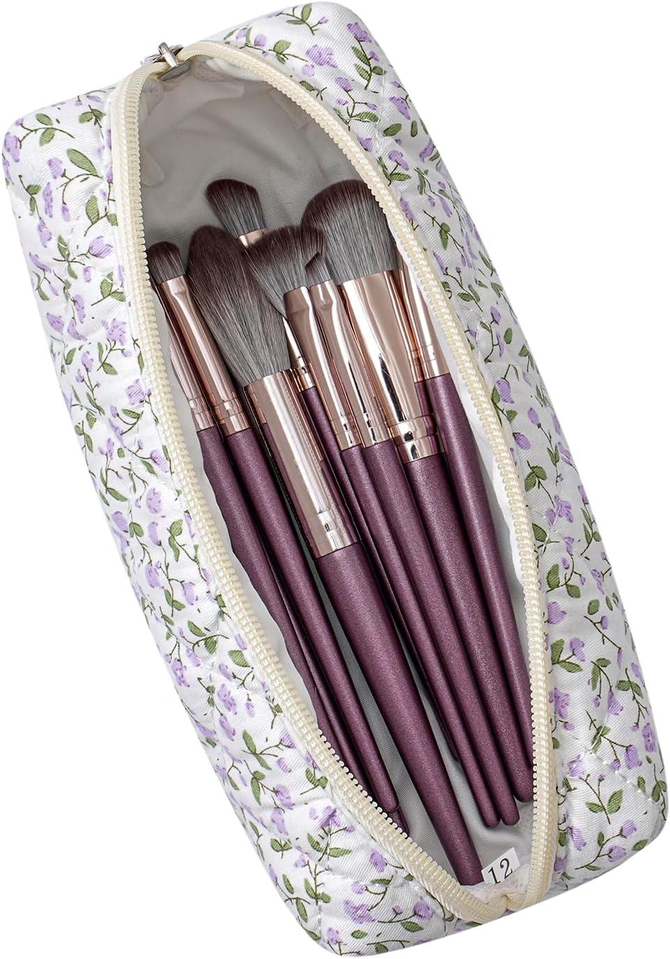 Cute Floral Cotton Makeup Brush Cosmetic Bag for Women, Travel Quilted Zipper Make Up Bag, Flowers Toiletry Organizer Case Kawaii Makeup Cosmetic Travel Cloth Pouch (Pink+Purple Floral)