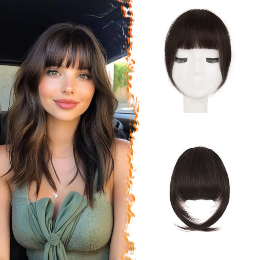 BARSDAR Human Hair Clip in Bangs - 100% Real Human Hair Clip in Bangs for Women - Darker Brown French Bangs Extensions Fringe with Temples Real Hair Bangs Hairpieces - Darker Brown
