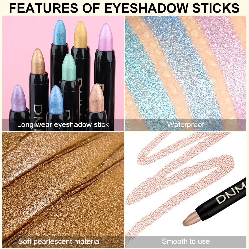 8Pcs Cream Eye Shadow Brightener Sticks Set for Eyes, Desert Mocha Beige Gold Light Purple Pink Sky Dazzling Blue Geen, Halloween Makeup, Matte Shimmer Eye Shadow Pencil Pen Crayon Waterproof 02