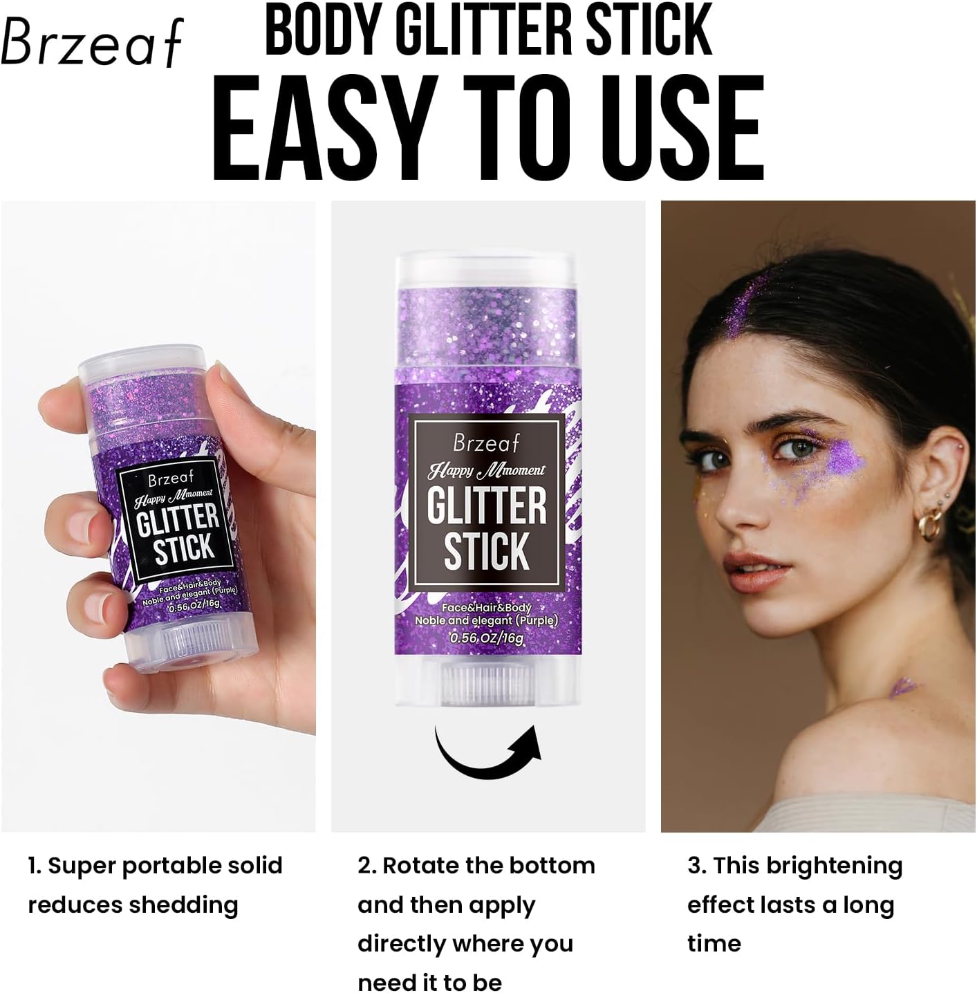Brzeaf Waterproof Purple Glitter Stick, Not Greasy & Shimmery & Long Lasting, Chunky Glitter for Face/Body/Hair/Eyes, Singer Concert Music Halloween Rave Festival, Glitter Stick Makeup for Women Men
