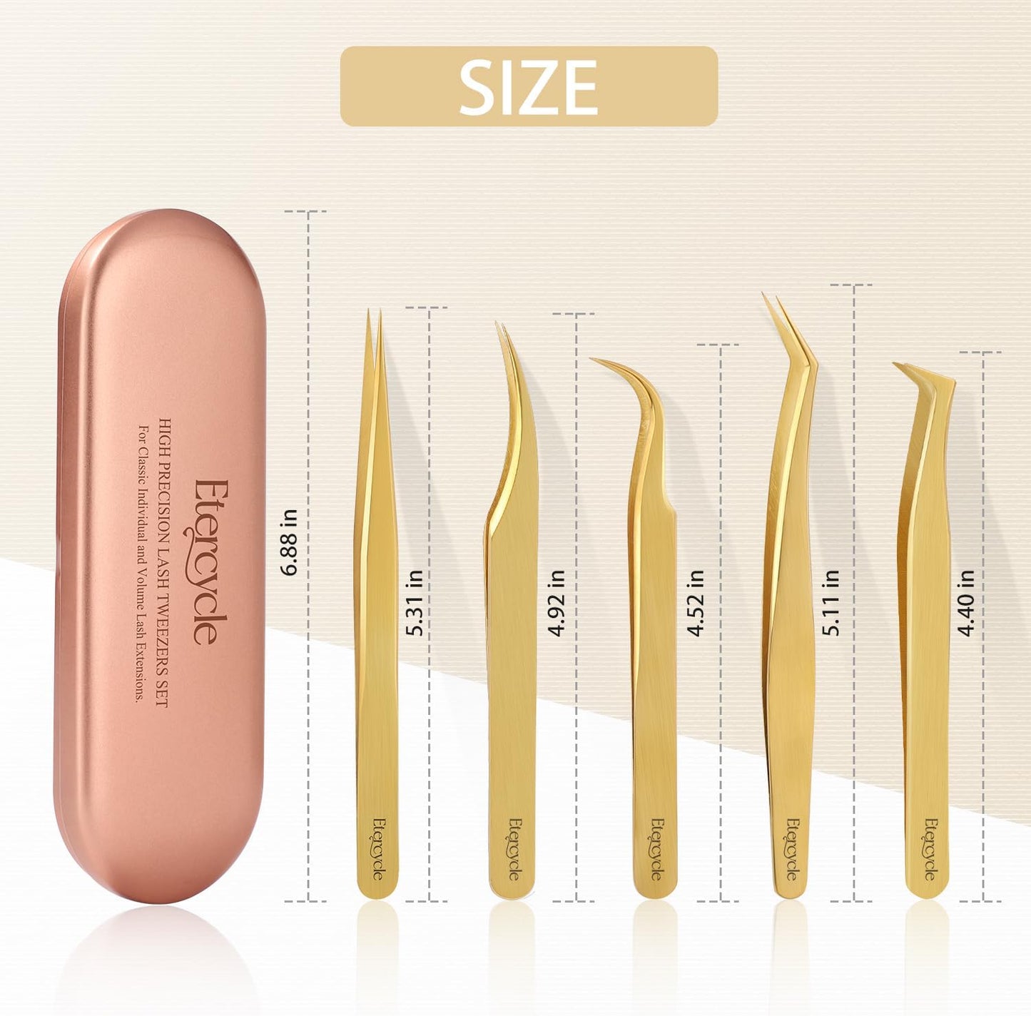 Etercycle High Precision Lash Tweezers Set - Includes 5 Stainless Steel Eyelash Tweezers for Classic Individual and Volume Lash Extensions. Complete with Storage Box