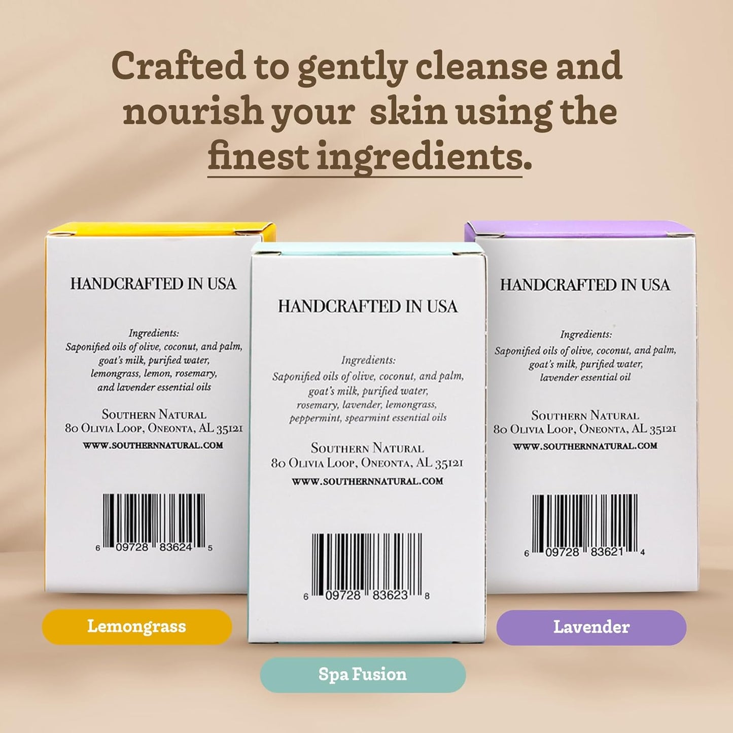 Southern Natural Goat Milk Soap Bar (Variety 3 Pack) Lavender, Lemongrass, Spa Fusion - For Dry Sensitive Skin. Natural Handmade Soap For Face and Body.(Each Bar 4-4.5 oz)