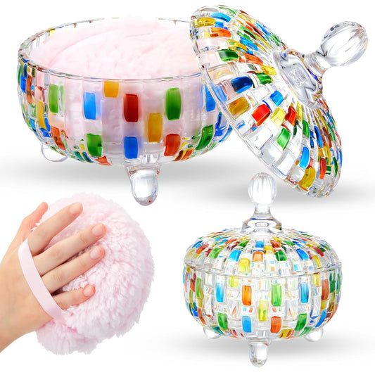 Tioncy 2 Pcs Extra Large Dusting Powder Puff and Container 6'' Body Powder Puff and Crystal Container for Women Soft Washable Reusable Velour Face(Multicolor)