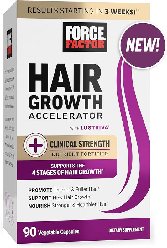 FORCE FACTOR Hair Growth Accelerator Capsules, Lustriva & Biotin to Promote Thicker, Stronger, Fuller Hair, Women Hair Growth Vitamins, Clinically Studied, Supports All 4 Stages of Growth, 90ct