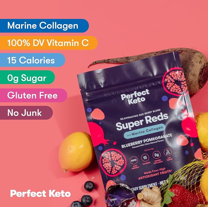 Perfect Keto Super Reds Superfood Powder, Antioxidants Supplement with Fruit & Vegetable Powder, Polyphenols & Marine Collagen, Drink Mix for Skin & Energy Support, Blueberry Pomegranate, 20 Servings