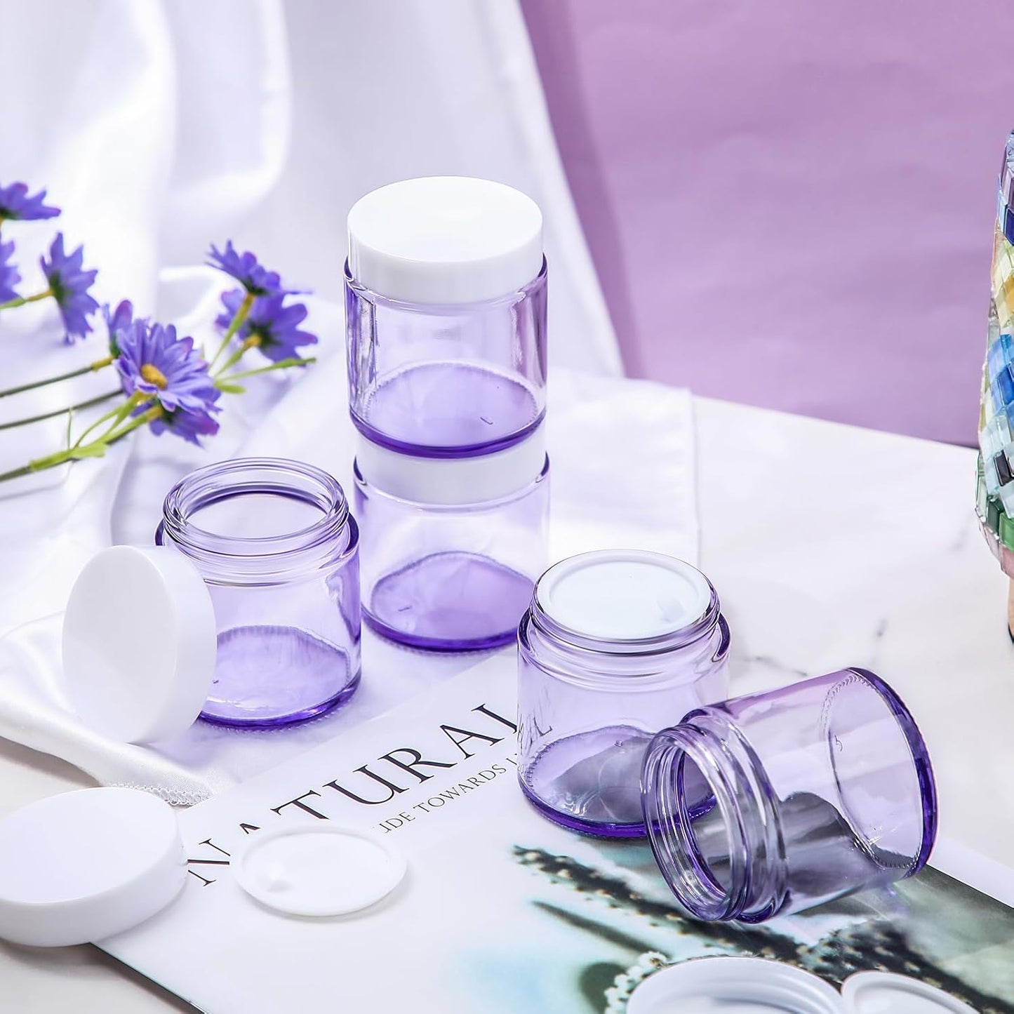 Norme 48 Pcs 4 oz Glass Jars with Lids Leakproof Round Airtight Empty Cosmetic Jars with Inner Liners Lid for Storing Lotions Powder Ointments Candle Making Tins (Light Purple)