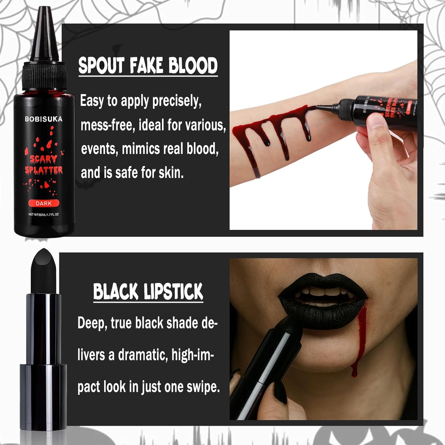 BOBISUKA Halloween Vampire Makeup Kit with Dark Fake Blood, Black Lipstick, 3 Pairs Vampire Teeth, Horror Cosplay Costume Accessories for Halloween, Vampire, Party