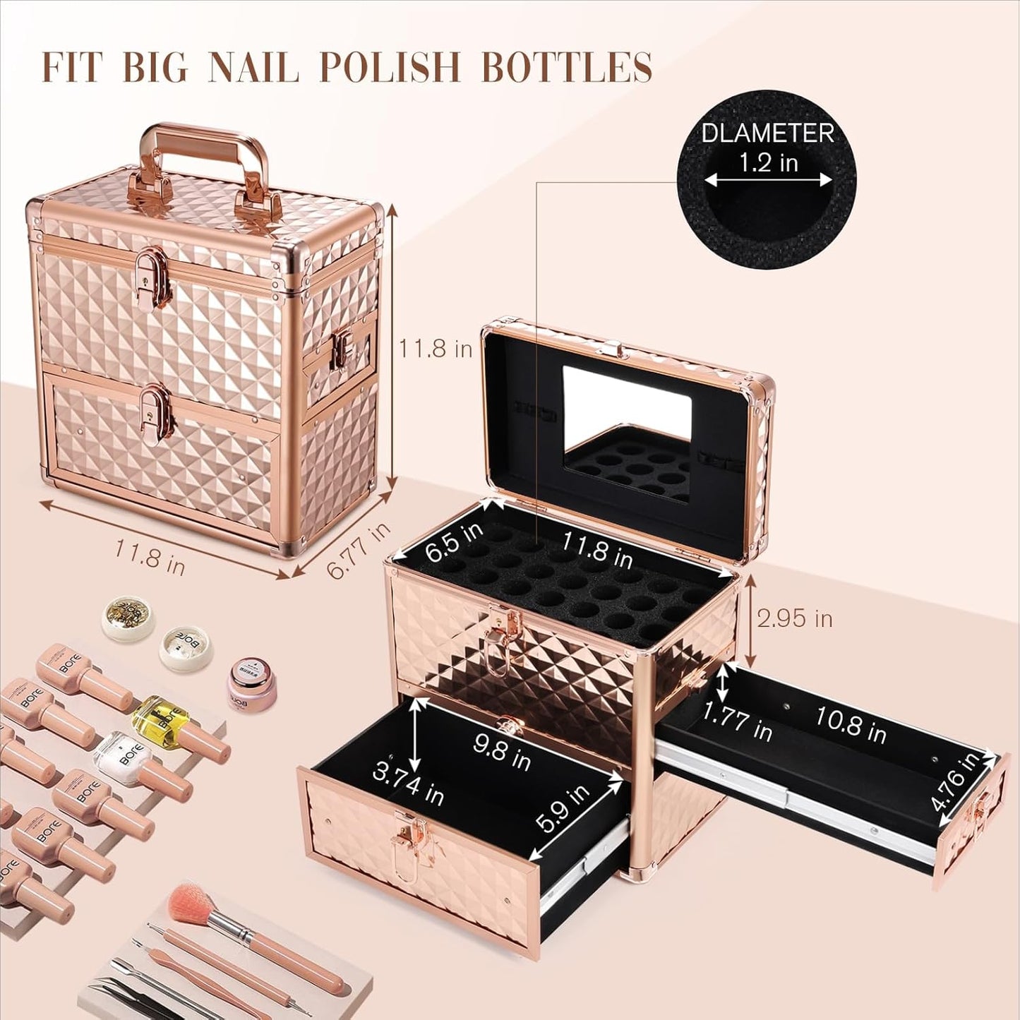 Makeup Train Case Professional Makeup Organizer Case with Drawer Mirror Extra Large Makeup Manicure Accessory with Dividers Travel Cosmetic Case for Cosmetologist Nail Tech Kits Makeup Case Rose Gold