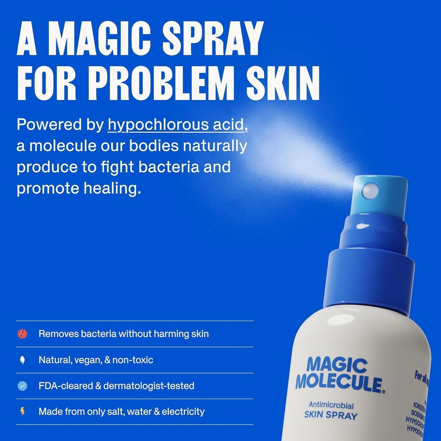 Magic Molecule Hypochlorous Acid Spray – Soothing Facial Mist for Redness & Irritated Skin – Cleansing & Purifying – Everything Home & Travel Bundle (1x 8oz + 2x 3.4oz)