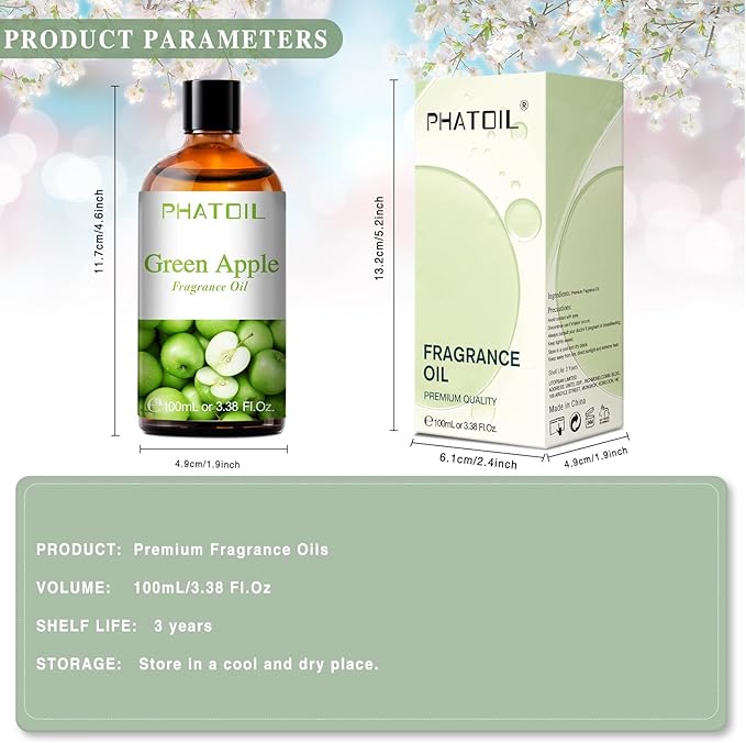 3.38FL.OZ Green Apple Fragrance Oils for Aromatherapy, Essential Oils for Diffusers for Home, Perfect for Diffuser, Yoga, DIY Candle and Soap Making - 100ml