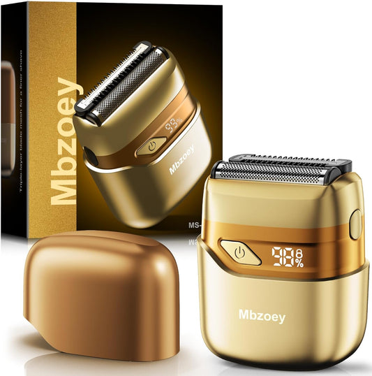 Electric Foil Shavers for Men, Mini Electric Razor, Compact Face Shaver, IPX7 Waterproof Wet Dry Cordless Razor, LED Display, USB-C, Travel-Friendly, Light Gold