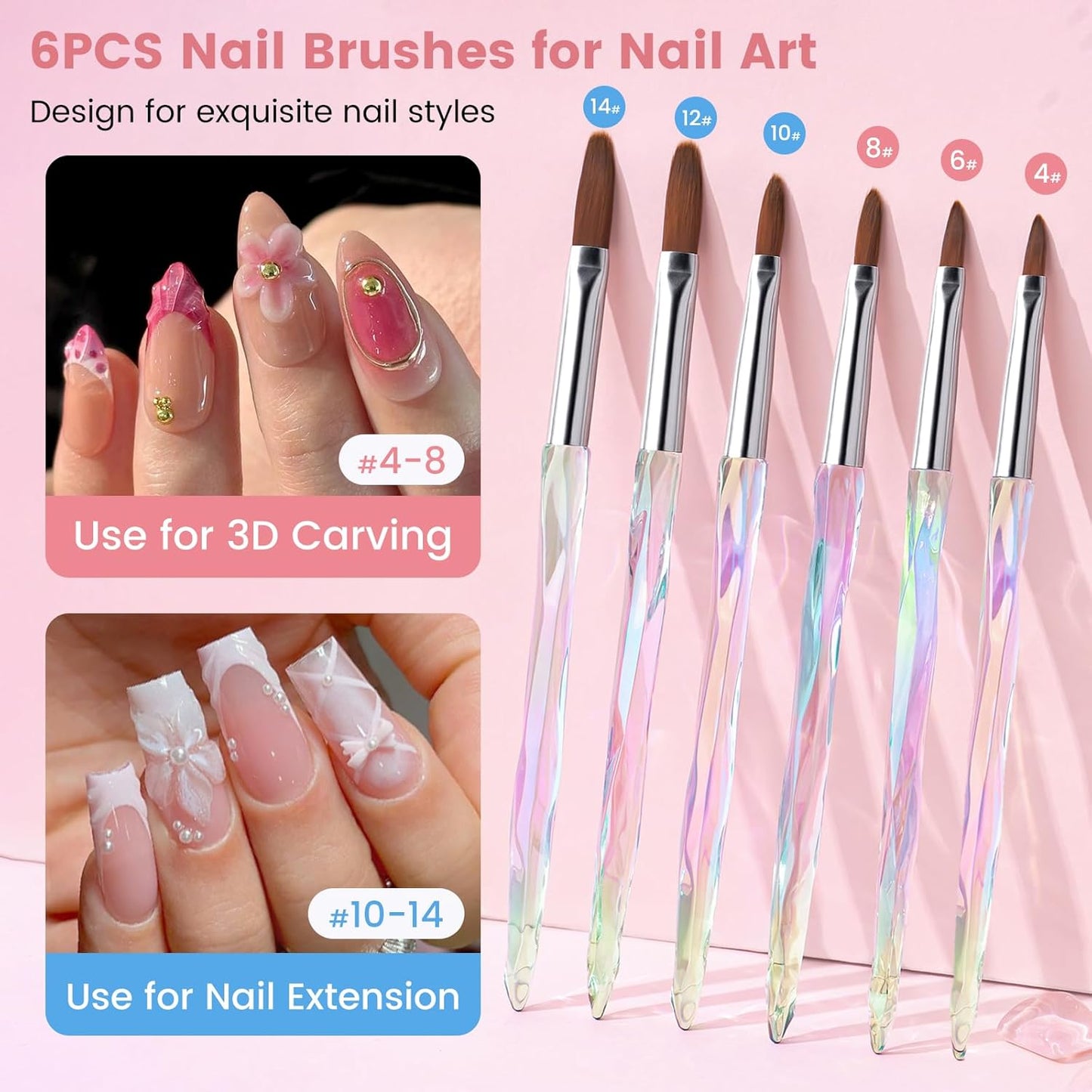 Quaferen 23PCS Acrylic Nail Art Brushes Set Size 6/8/10/12/14/16 Kolinsky Brushes for Acrylic Application Professional for Powder Nail Extension 3D Carving Builder Gel Brush for DIY Salon Home