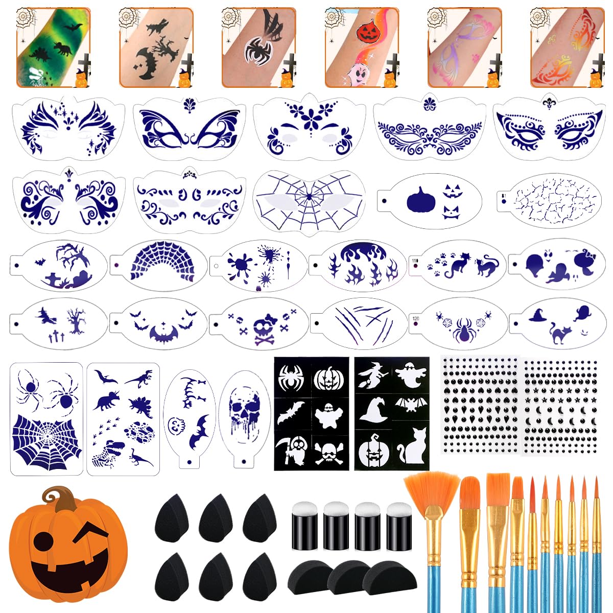 63 pcs Halloween Face Painting Stencils Kit, 38 pcs Reusable Face Body Paint Stencils Templates, 10 Brushes, 13 pcs Sponges, 2 Black Gems for Halloween Makeup Depvision Face Paint Accessory Kit