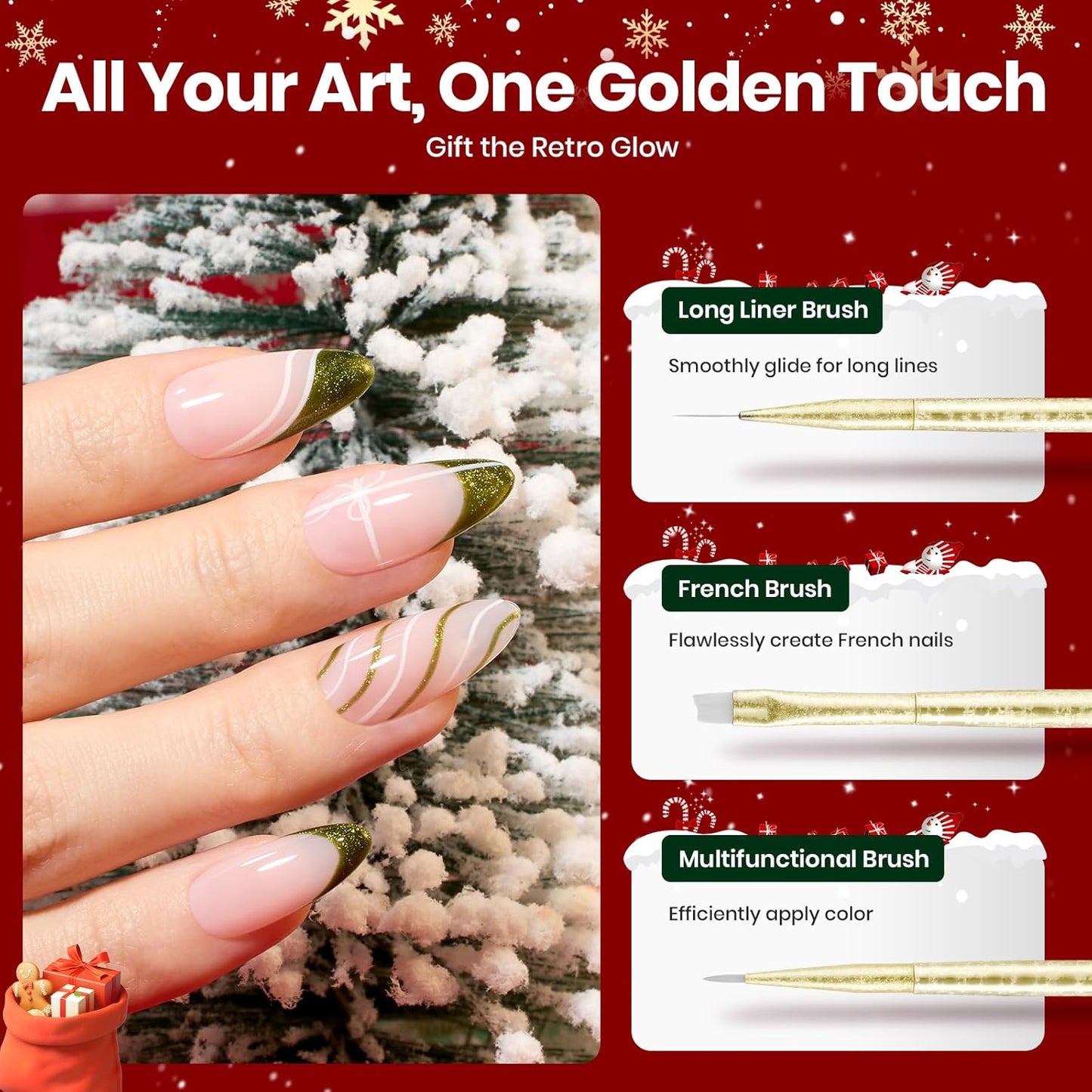 Beetles Christmas Nail Art Brushes 6pcs – Golden Gleam Nail Art Tools Liner Brushes for Nails Dotting Tool Gradient/French/Petal Manicure Design Pen with Star Palette Holder Nails Stickers Pouch Bag