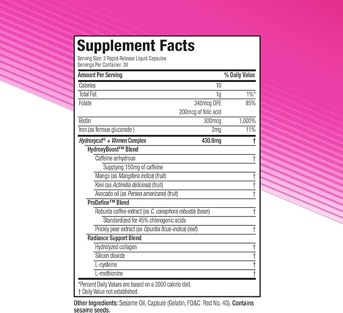 Hydroxycut +Women - 60 Rapid-Release Liquid Capsules, Pack of 2 - Includes Biotin, Collagen, Folate & Iron