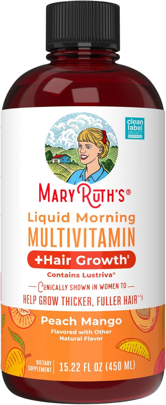 MaryRuth Organics Liquid Multivitamin+Hair Growth | Biotin 10000mcg | Lustriva Hair Growth Supplement | Clinically Tested in Women for Thicker Hair&Facial Wrinkle | Skin Care | Ages 18+ | 15.22 Fl Oz