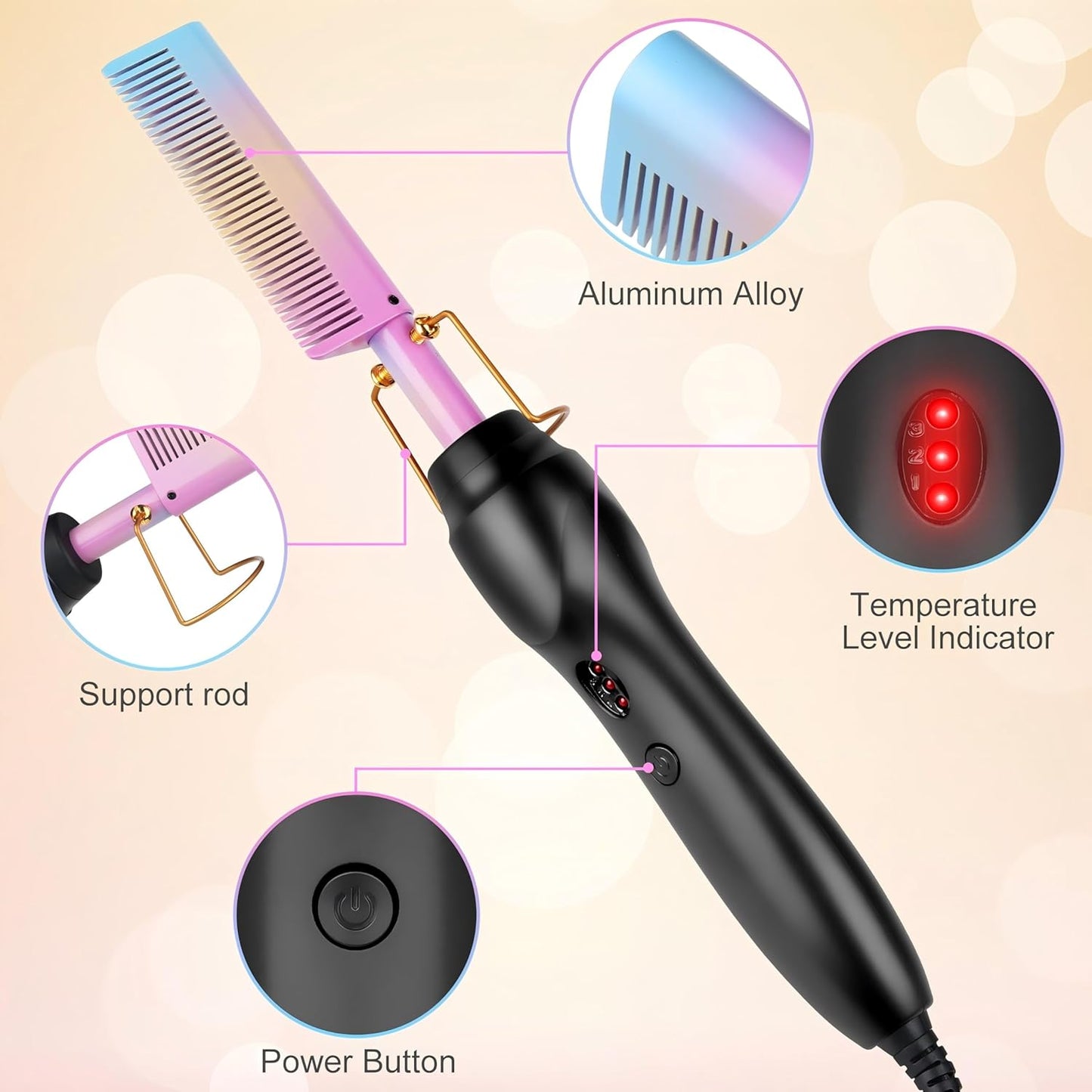 Electric Hot Comb Hair Straightener Heat Pressing Comb Curling Flat Iron Curler Hair Straightener Brush for Natural Black,Anti-Scald Beard Straightening Electric Press Comb (Multicolored)