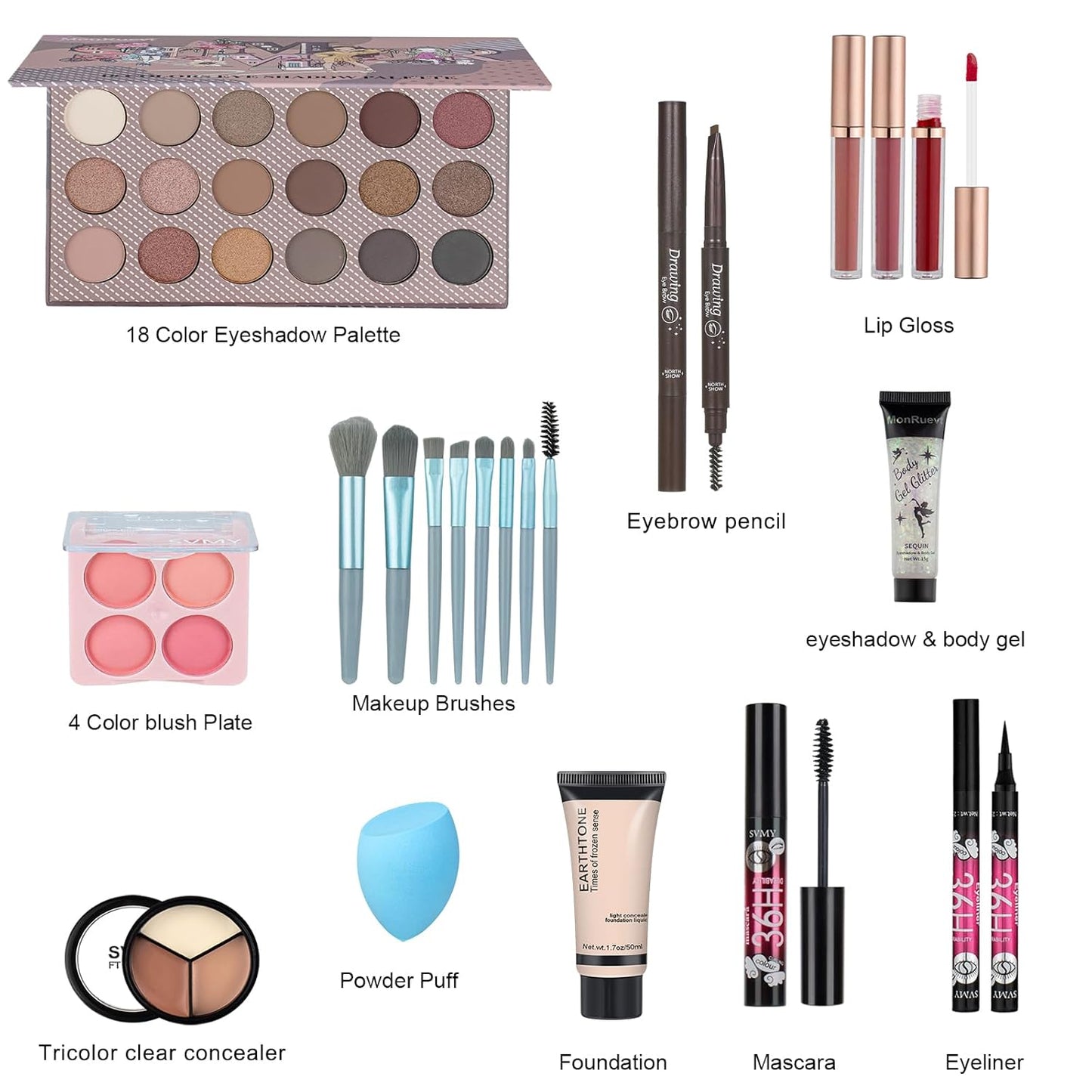 All in One Makeup Kit Makeup Set for Girls Includes18-Color Eyeshadow Palette Lip Gloss Brow Pencil Blush Concealer Foundation Mascara & Eyeliner with Travel-Friendly Tools for Everyday Glam