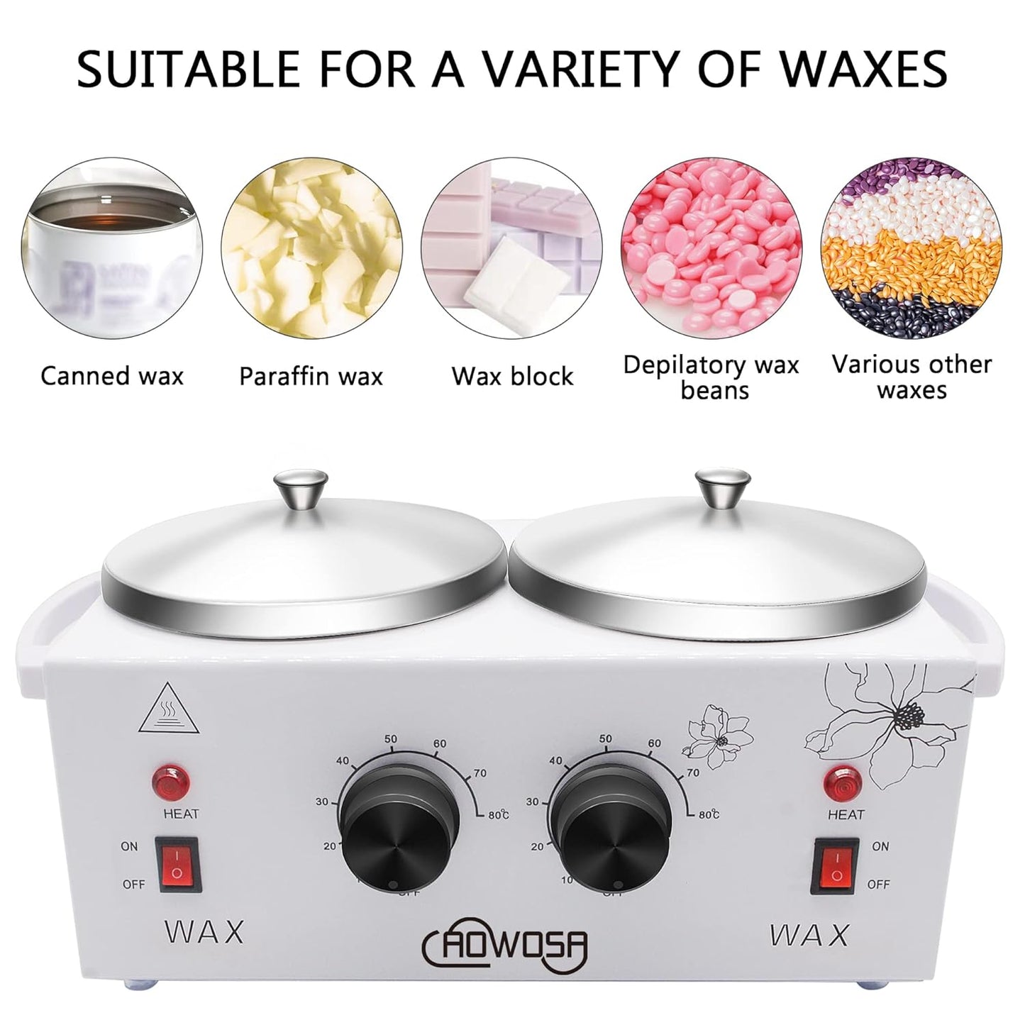 Double Wax Warmer Professional Electric Wax Heater Machine for Hair Removal, Dual Waxing Pot Paraffin Facial Skin Body SPA Salon Equipment with Adjustable Temperature Set
