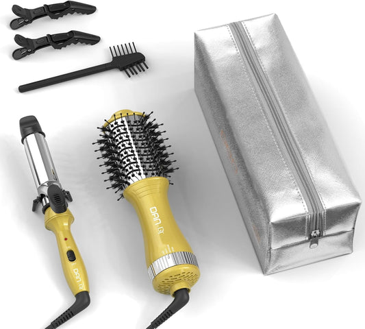 DAN Technology Hair Dryer Brush & Mini Curling Wand Set - 1 Inch Travel Set with 3 Temperature Settings - Hot Air Brush for Drying, Styling, Curling, and Volumizing