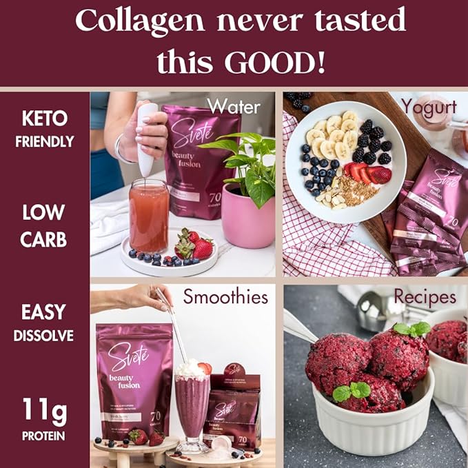 Hydrolyzed Collagen Powder for Women Multi Beauty Superfood with Hyaluronic Acid, Biotin, Vitamin C, Zinc, Probiotics, CoQ10 | Keto Protein | Berry Flavor (7 Single Serve Packets) by Svete