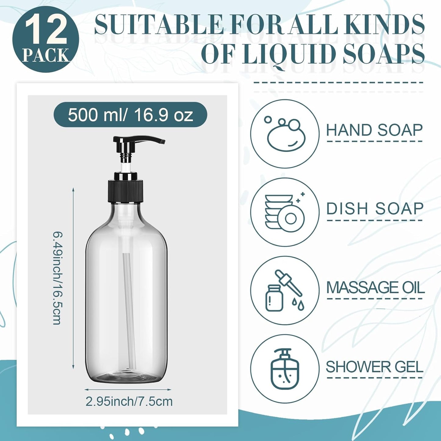 Tessco for you 12 Pack Clear Soap Dispenser Empty Plastic Pump Bottles Dispenser Refillable Shampoo Container for Hand Sanitizer Soap Lotion Body Wash Conditioner Bathroom Kitchen Travel(16.9 oz)