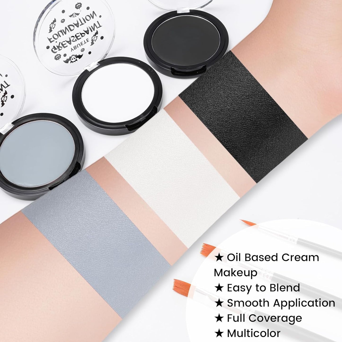 Black White Grey Oil Based Face Paint Kit with Painting Brushes, Professional Full Coverage Greasepaint Halloween Face Painting Kit for Adult Cosplay Skeleton Monster Carnival Makeup