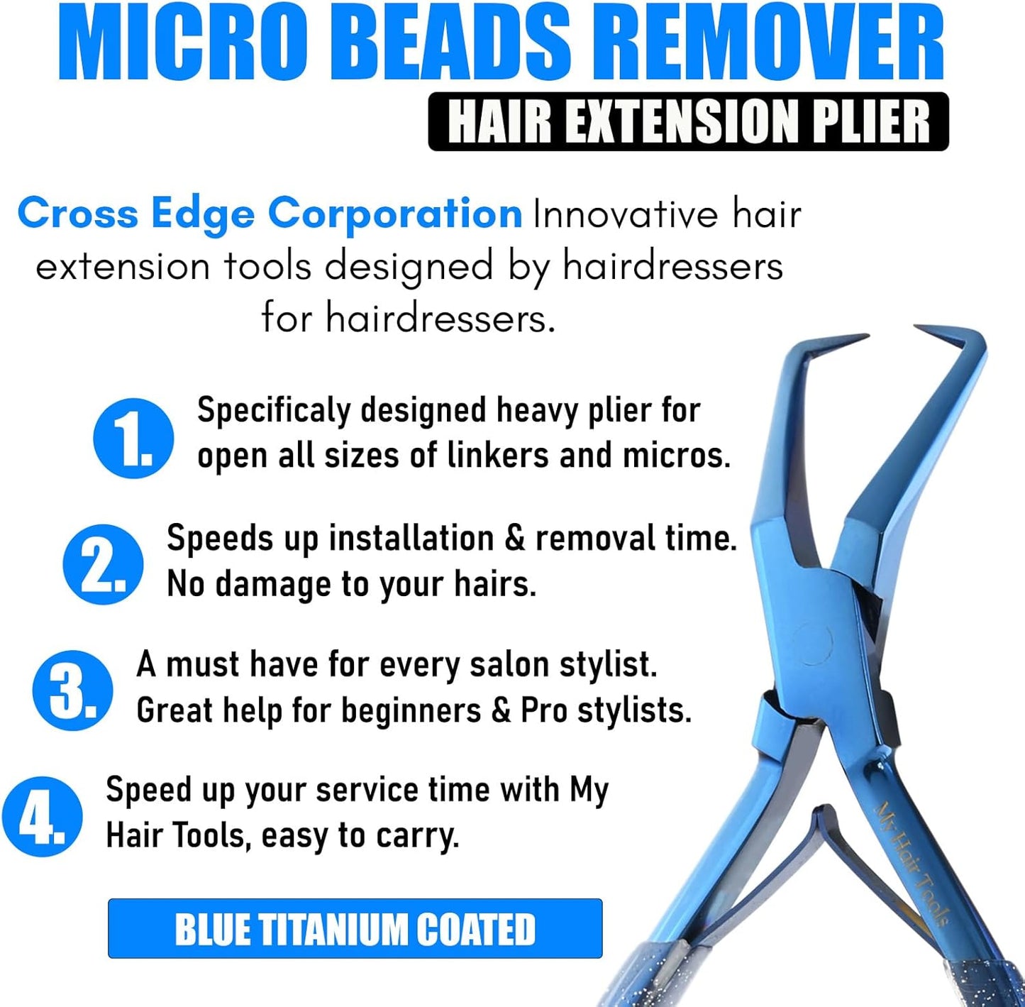 Professional Hair Extension Tools Microlink Bead Remover Plier for Hair Extensions Removal Micro Ring Beads Opener 5.5 Inch Pliers Silver Polish Stainless Steel (Blue Bead Remover)