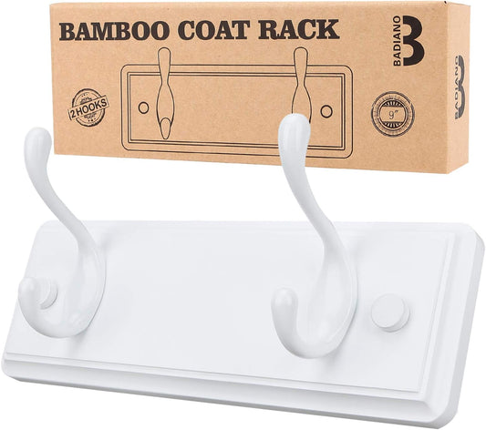 Wooden Coat Rack, Wall-Mounted Organizer for Closet, Entryway, Hallway, Foyer, Bedroom, Heavy Duty Double Hooks for Hanging Towels, Bags, Hats, Jackets, Key (White, 2 Hooks)