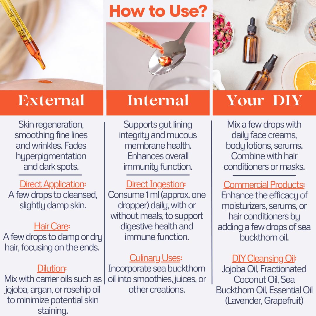 Sea Buckthorn Oil - 1 fl oz Cold-Pressed Sea Buckthorn Berry Oil - Seabuckthorn for Face, Hair, Body & Supplement