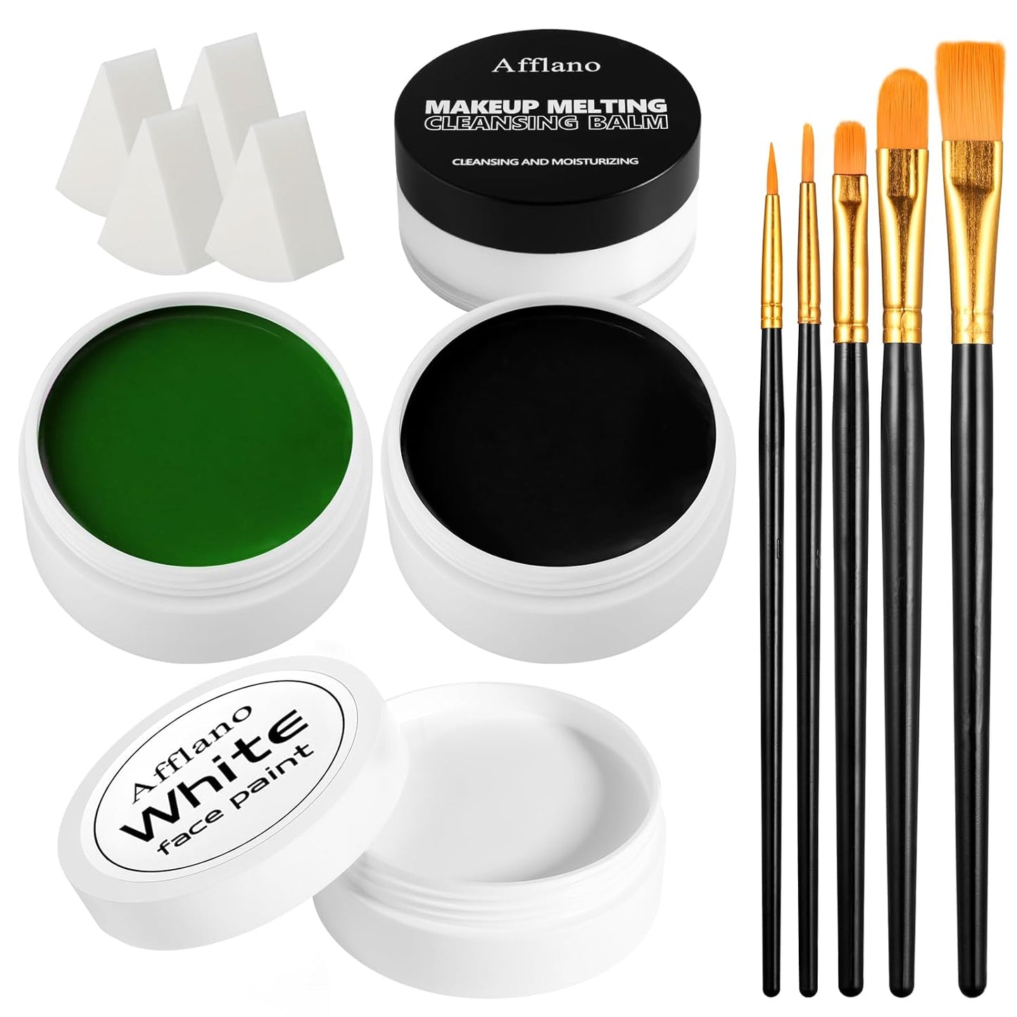Black White Green Face Paint Kit – 3×50g Oil-Based Grease Makeup with Remover Balm, Brushes & Sponges – Waterproof, Sweat-Proof, Full Coverage Halloween, Cosplay & Stage SFX Makeup