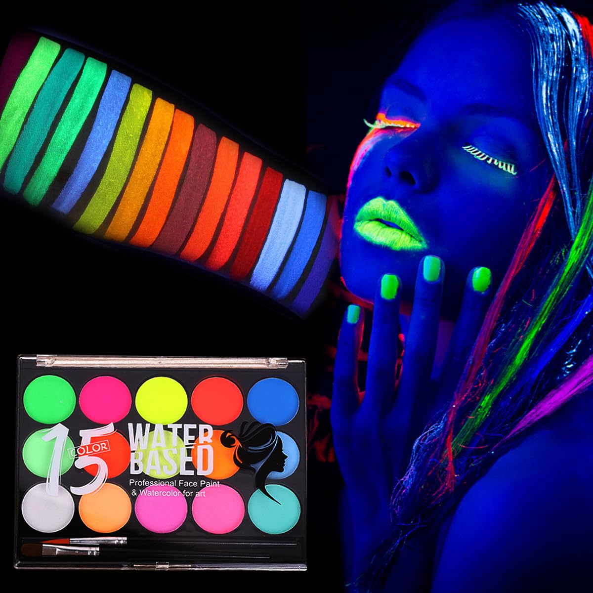 Glow UV Blacklight Face Paint,Neon Fluorescent Body Painting Palette,Water Activated Makeup Eyeliner,Water Based Glow In The Dark Party Halloween Washable for Adult Body Paint Set (15 color)