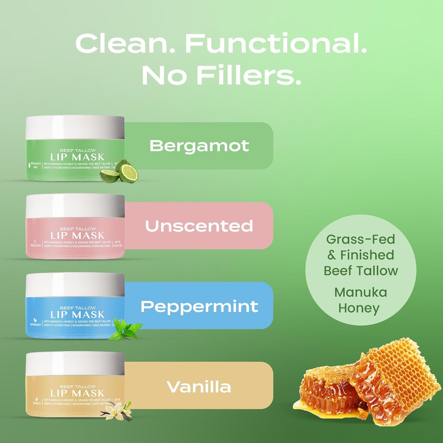 Body Restore Grass Fed Beef Tallow Lip Mask, with Manuka Honey – Christmas Stocking Stuffers, White Elephant, Hydrating Moisture, Travel Essentials, Self Care, Birthday Gifts for Women, Men – Bergamot